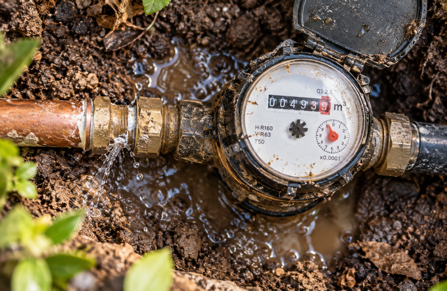 Overhead view of a leaking residential water meter